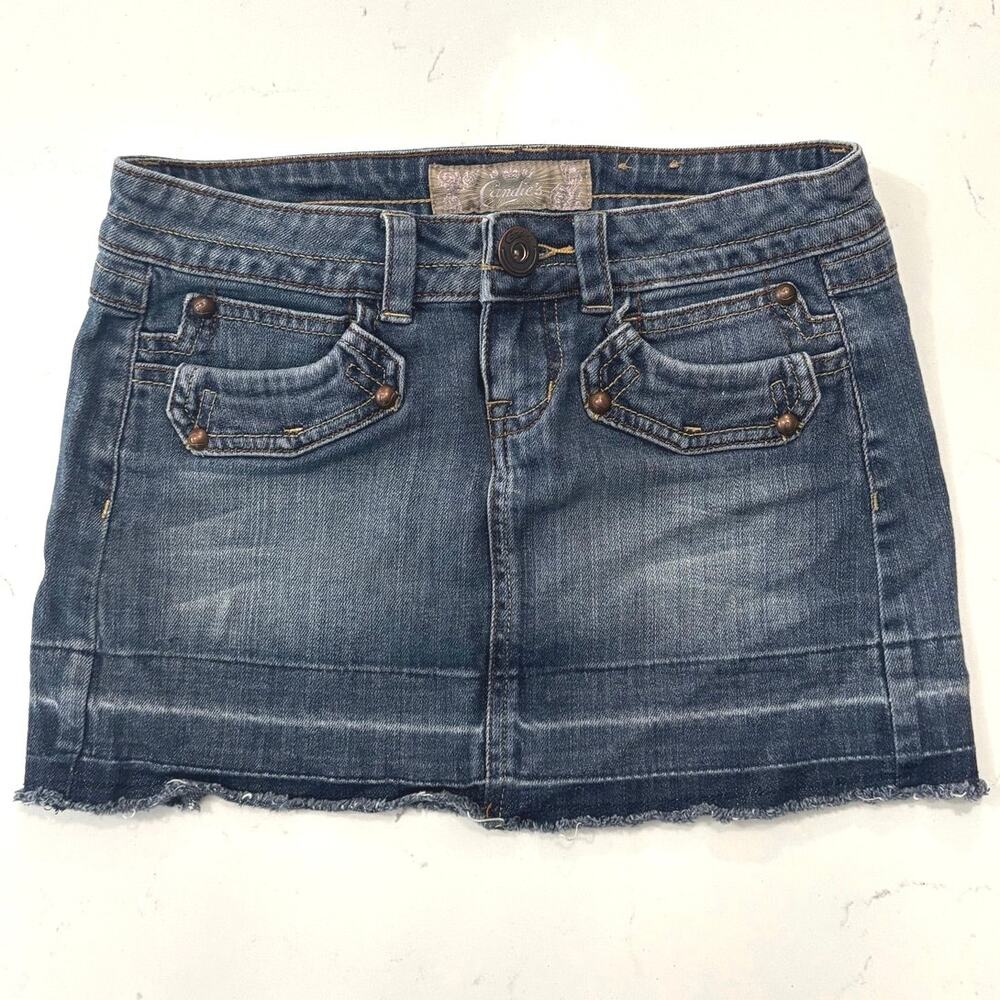 Candies Y2K micro mini denim skirt sz 0 blue pocket embellished retro unique
